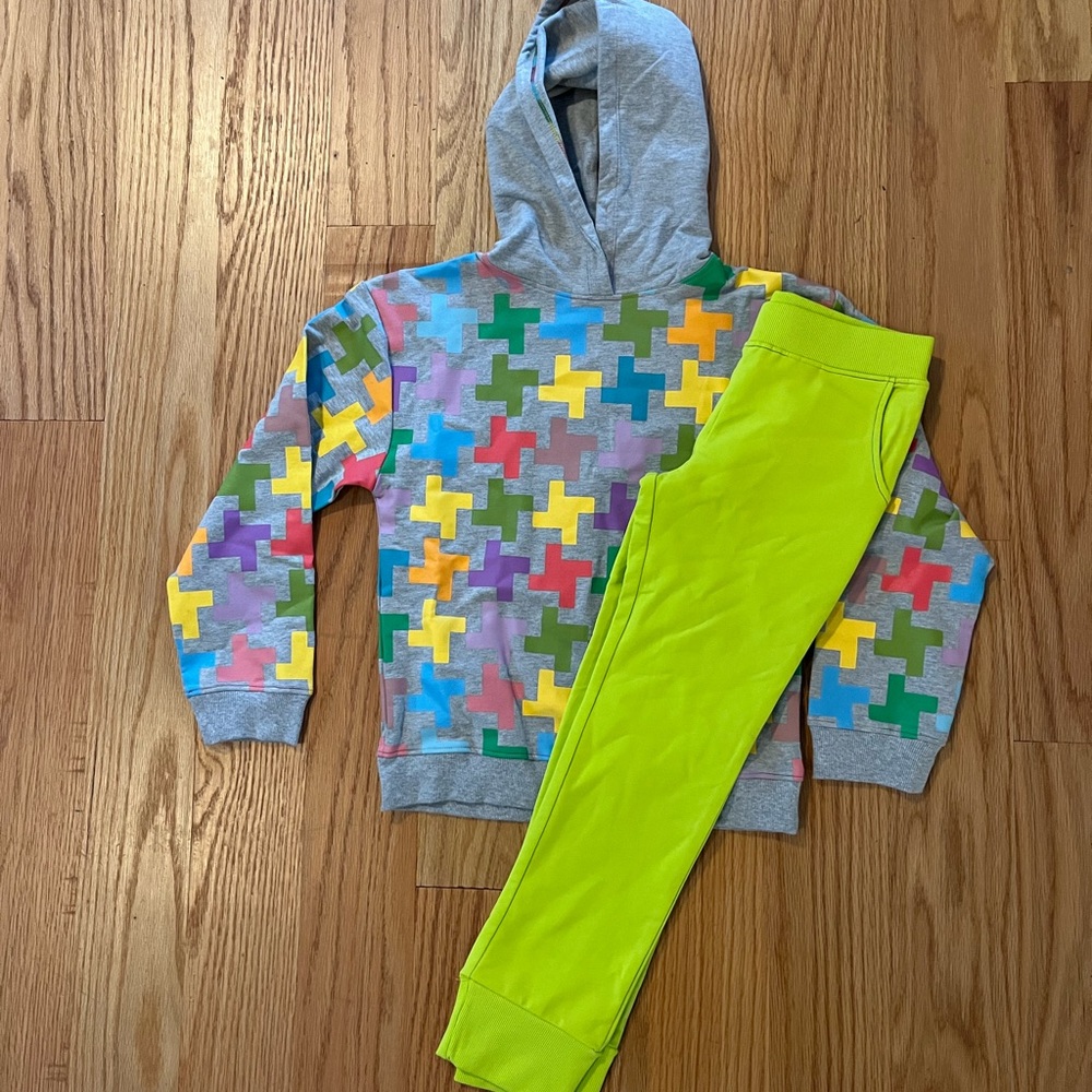 Kids Grey Hoodie & Lime Jogger Matching Set - Multicolor Cross Pattern